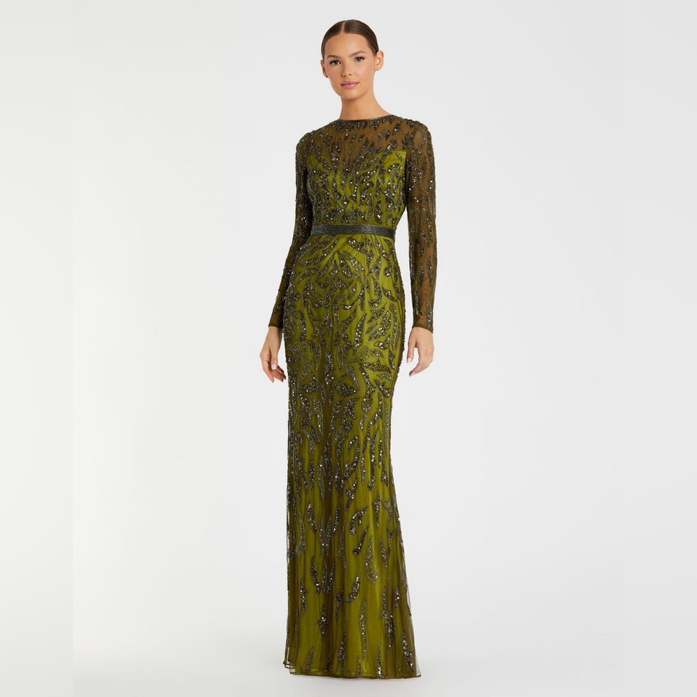 Mac Duggal Olive Long Sleeve Beaded Gown